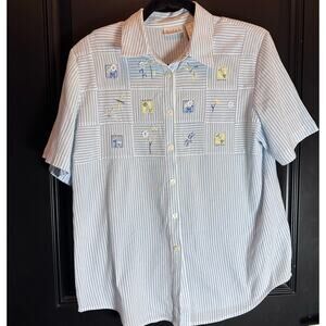 Vintage 90s Koret Francisco Embroidered Top Women's M Petite Flowers Dragonfly